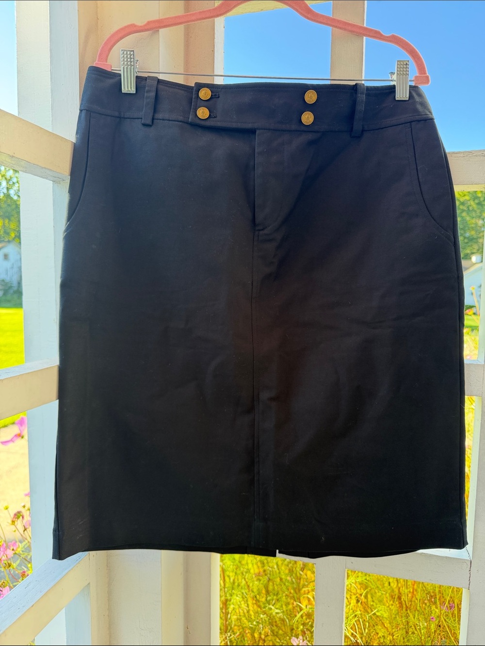 Lauren Ralph Lauren Sz 12 Black Cotton Twill Pencil Skirt Gold Accent Buttons